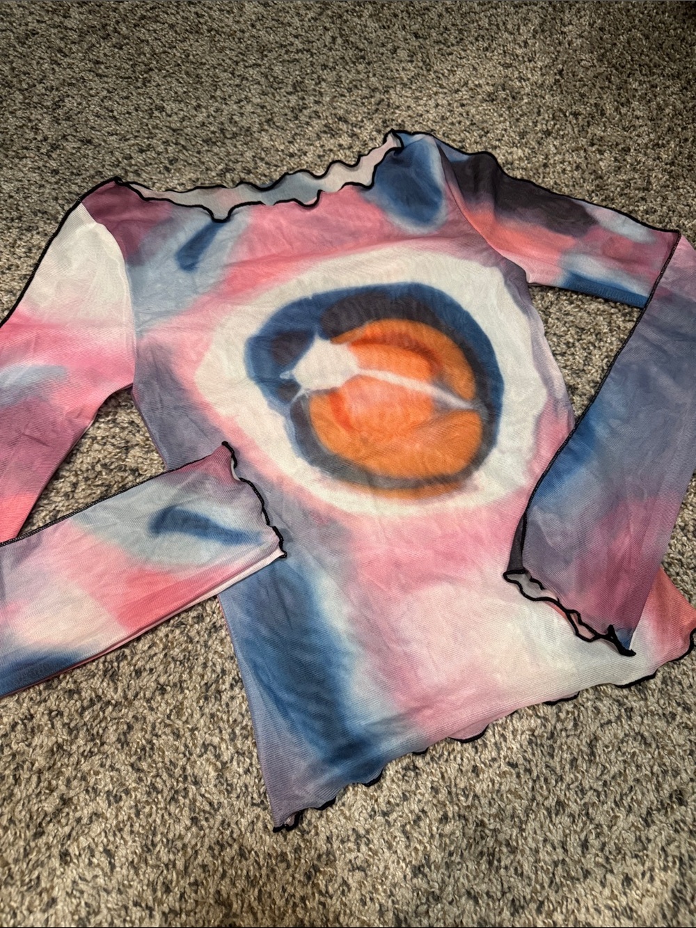 Girls' Mesh Tie-Dye Long Sleeve Top - Pink, Blue & Orange